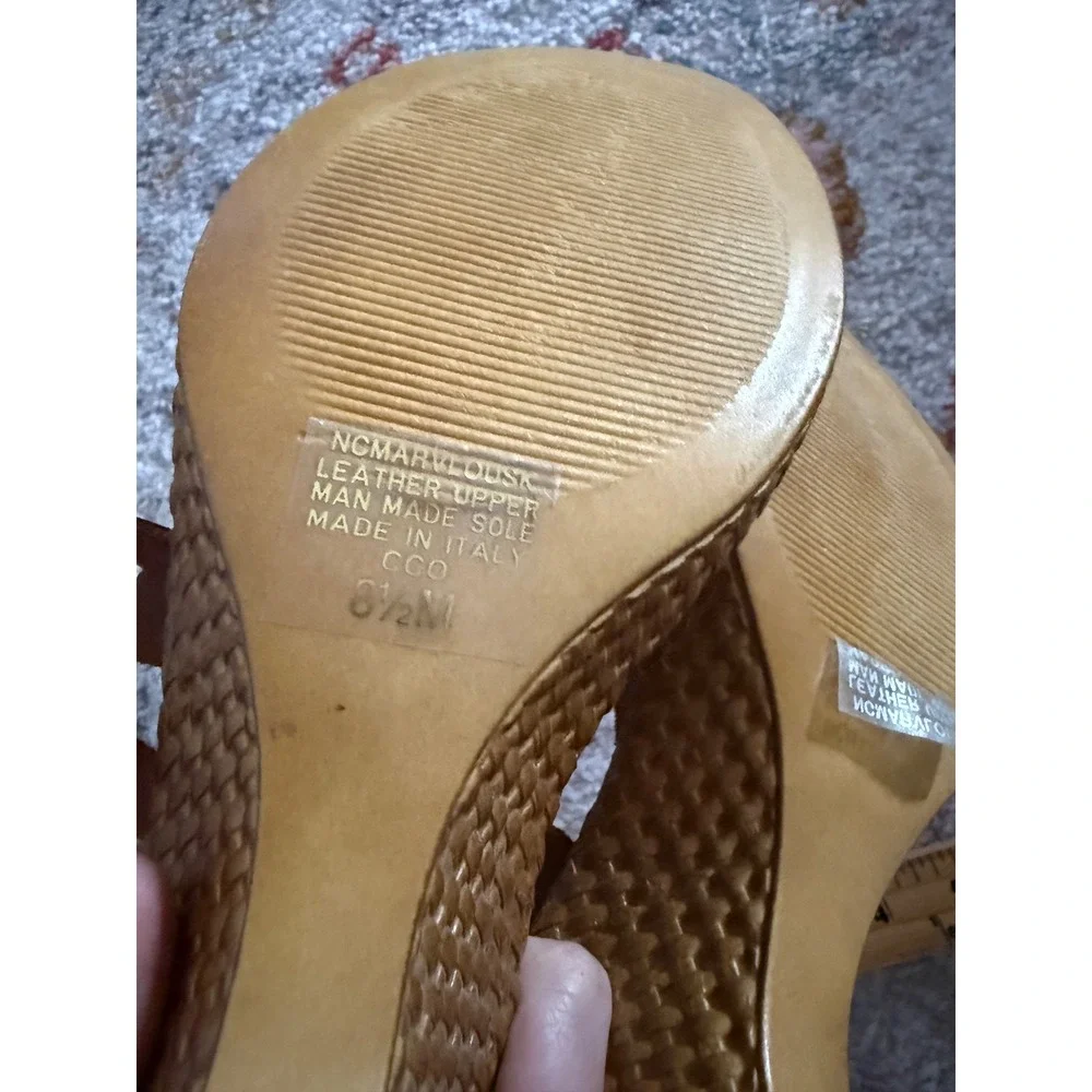 Nine & Company Cognac Brown Leather Chain Strap Wedge Sandals 8.5M